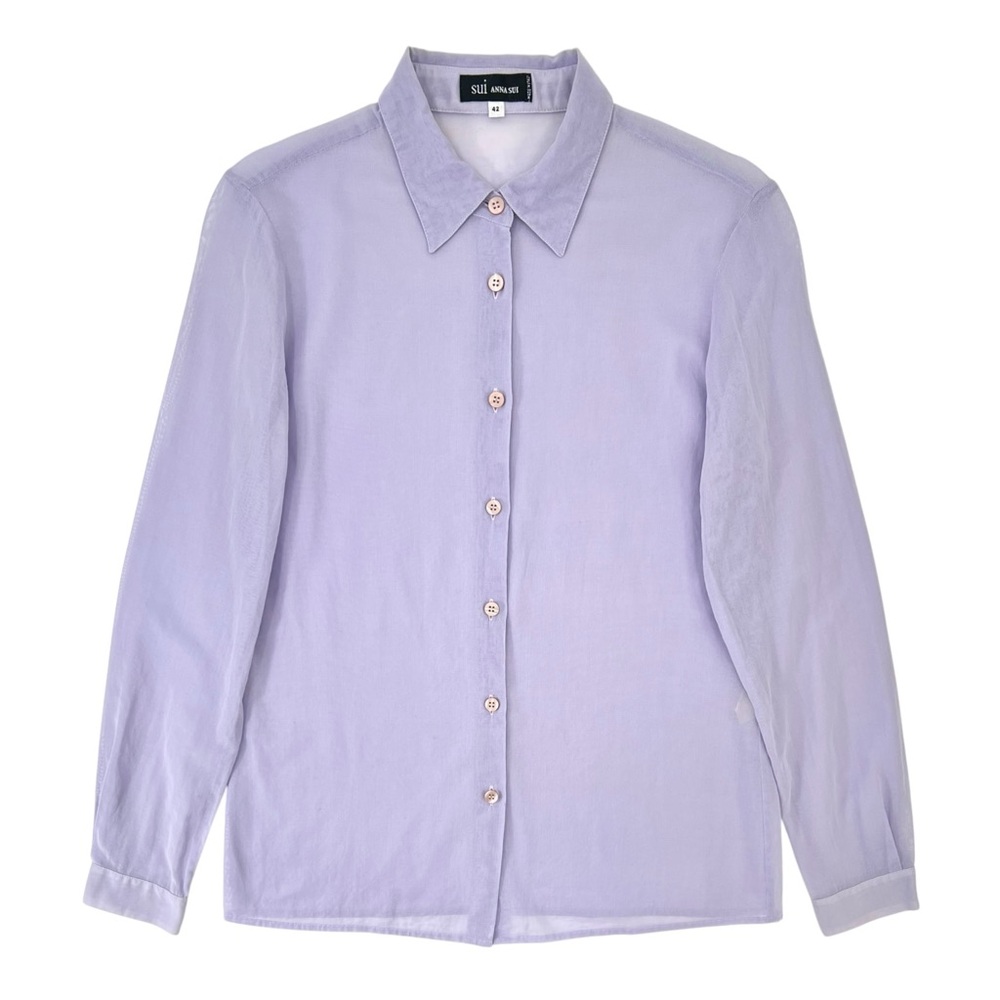 Vintage Anna Sui Light Purple Semi Sheer Lightweight Button Up Shirt Blouse Top